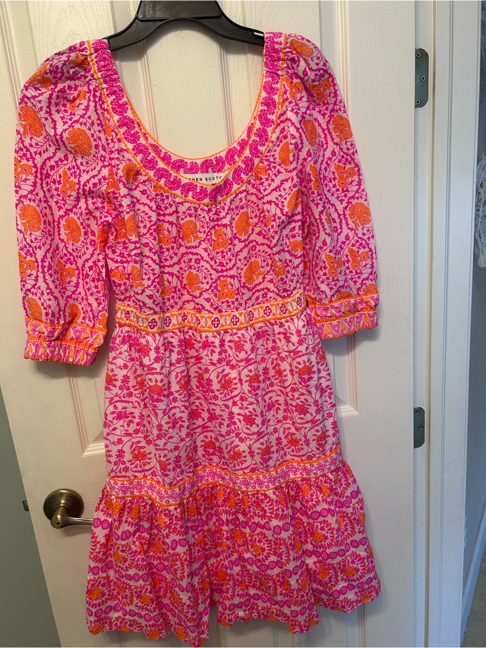 Gretchen Scott Designs Hot Pink and Orange Floral Tiered Scoop Dress